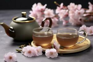 ai gegenereerd traditioneel ceremonie. cups van gebrouwen thee, theepot en sakura bloemen Aan grijs tafel. generatief ai foto