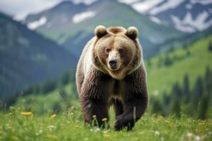 ai gegenereerd bruin beer in beweging Aan de groen weide in lente natuur. ai gegenereerd foto