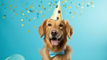 ai gegenereerd gelukkig hond vervelend een partij hoed, vieren Bij een verjaardag feest. generatief ai foto