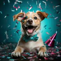 ai gegenereerd gelukkig hond vervelend een partij hoed, vieren Bij een verjaardag feest. generatief ai foto