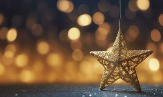 ai gegenereerd sprankelend gouden Kerstmis ster. ornament decoratie onscherp bokeh achtergrond. ai gegenereerd foto