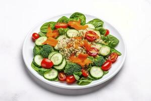 ai gegenereerd salade met quinoa, spinazie, broccoli, tomaten, komkommers en wortels. ai gegenereerd foto