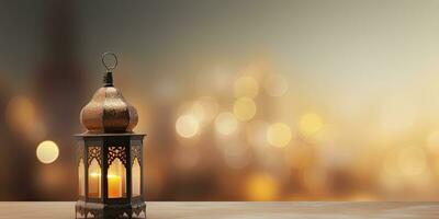 ai gegenereerd viering van Islamitisch eid mubarak en eid al adha lantaarn in een licht achtergrond. foto