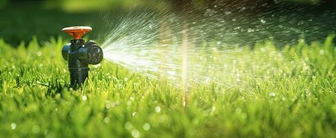 ai gegenereerd automatisch tuin gazon sproeier in actie gieter gras. ai gegenereerd foto