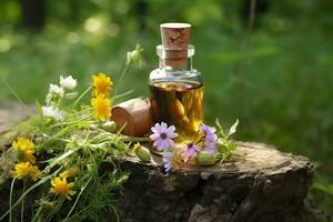 ai gegenereerd glas fles van kruiden essentieel extract, vlinder, en wilde bloemen Aan een boom stomp. ai gegenereerd foto