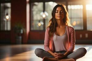 ai gegenereerd vrouw mediteert na een yoga klasse in een kamer gevulde met natuurlijk licht, beoefenen opmerkzaamheid, aanvaarding en kalmte foto