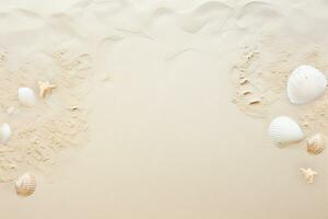 ai gegenereerd zanderig strand structuur met schelpen en voetafdrukken. textuur, achtergrond, patroon foto