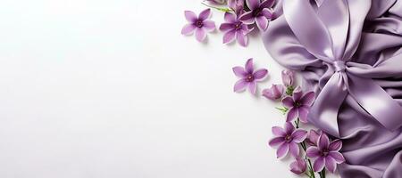 ai gegenereerd dichtbij omhoog Purper bloemen en zijde lint Aan wit panoramisch achtergrond. vlak leggen top visie samenstelling met kopiëren ruimte voor banier foto