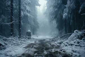 ai gegenereerd Woud landschap in de mist. dicht Woud, gehuld in een wit winter sluier. hoog net bomen gedekt met sneeuw foto