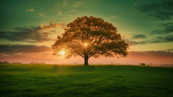 ai gegenereerd zich voorstellen een magisch moment gedurende zonsopkomst groen boom natuur achtergrond. foto