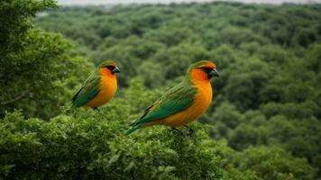 ai gegenereerd onderzoeken de co-evolutionair relaties tussen specifiek boom soorten en de kleurrijk vogels, markeren hoe elk heeft vormig de die van anderen kenmerken over- tijd. foto