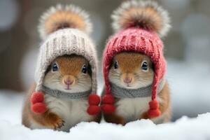 ai gegenereerd pluizig eekhoorns in een fantastisch winter Woud foto