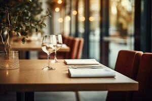 ai gegenereerd elegant minimalistische tafel instelling in upscale restaurant met zacht bokeh achtergrond foto