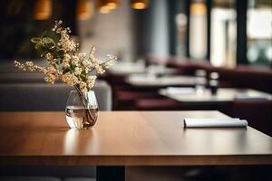 ai gegenereerd elegant minimalistische tafel instelling in upscale restaurant met zacht bokeh achtergrond foto