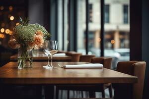 ai gegenereerd elegant minimalistische tafel instelling in upscale restaurant met zacht bokeh achtergrond foto