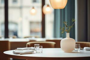 ai gegenereerd elegant minimalistische tafel instelling in upscale restaurant met zacht bokeh achtergrond foto