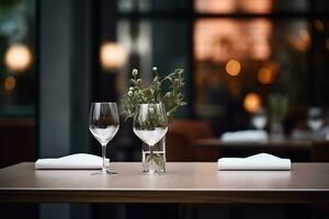 ai gegenereerd elegant minimalistische tafel instelling in upscale restaurant met zacht bokeh achtergrond foto