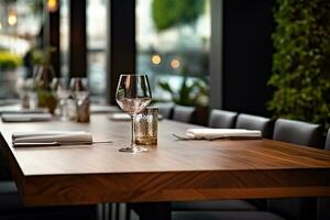 ai gegenereerd elegant minimalistische tafel instelling in upscale restaurant met zacht bokeh achtergrond foto