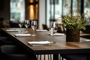 ai gegenereerd elegant minimalistische tafel instelling in upscale restaurant met zacht bokeh achtergrond foto