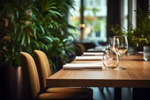 ai gegenereerd elegant minimalistische tafel instelling in upscale restaurant met zacht bokeh achtergrond foto