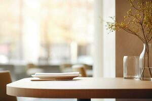 ai gegenereerd elegant minimalistische tafel instelling in upscale restaurant met zacht bokeh achtergrond foto