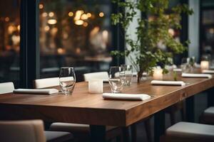 ai gegenereerd elegant minimalistische tafel instelling in upscale restaurant met zacht bokeh achtergrond foto