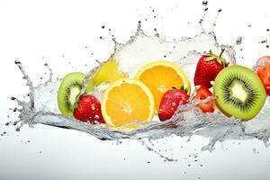 ai gegenereerd spatten water met fruit geïsoleerd Aan wit achtergrond. foto