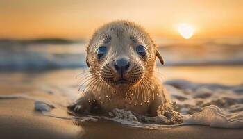 ai gegenereerd schattig zegel Aan zanderig strand, op zoek Bij camera, genieten van zonsondergang gegenereerd door ai foto