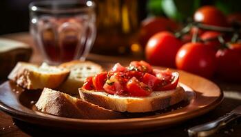 ai gegenereerd versheid Aan een houten tafel fijnproever maaltijd, gezond aan het eten, vegetarisch verfrissing gegenereerd door ai foto