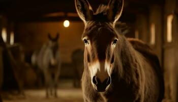 ai gegenereerd schattig ezel Aan een boerderij, op zoek Bij camera in natuur gegenereerd door ai foto