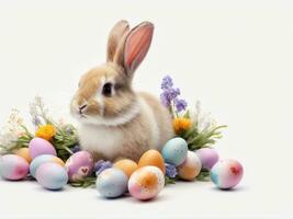 ai gegenereerd Pasen konijn en Pasen eieren Aan gras geïsoleerd Aan wit achtergrond foto