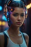 ai gegenereerd vrouw cyborg met mechanismen en draden in hoofd, digitaal technologisch net zo een achtergrond foto