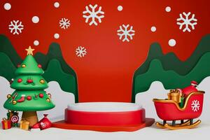 3d renderen mockup Kerstmis podium met de kerstman claus slee, feestelijk illustratie achtergrond foto