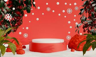 3d renderen van rood podium met Kerstmis decoraties en sneeuwvlokken rood achtergronden illustratie foto