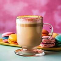 ai gegenereerd een levendig schot van een latte in een Doorzichtig glas mok met kleurrijk macarons geregeld Aan een roze achtergrond foto