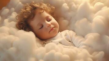 ai gegenereerd een baby slapen in een wolk van pluizig wolken foto