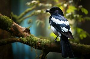 ai gegenereerd mooi ekster Aan boom Afdeling in een rustig Woud. natuur en dieren in het wild. geel groen wazig achtergrond. zwart en wit gevederte van een vogel. ornithologie. ansichtkaart, banier, poster foto