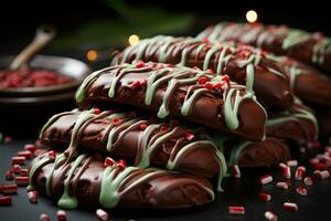 ai gegenereerd aanlokkelijk Kerstmis themed chocola pretzels met rood en groen decoratie, vrolijk Kerstmis afbeeldingen foto