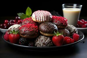 ai gegenereerd voldoen uw zoet tand met een feestelijk rangschikking van chocola aardbeien vakantie koekjes en geassorteerd snoepjes, Kerstmis achtergrond foto