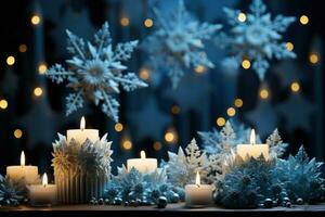 ai gegenereerd een betoverend tafereel van sneeuwvlok kaarsen in een winter wonderland, Kerstmis achtergrond foto