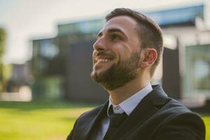 portret van elegant zakenman geniet staand buiten.afgezwakt foto. foto