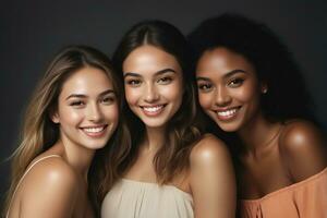 ai gegenereerd mooi jong multi-etnisch Dames met natuurlijk verzinnen. reclame voor vrouw mode modellen, gezicht en lichaam huid zorg. foto