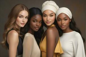 ai gegenereerd mooi jong multi-etnisch Dames met natuurlijk verzinnen. reclame voor vrouw mode modellen, gezicht en lichaam huid zorg. foto