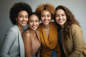 ai gegenereerd mooi jong multi-etnisch Dames met natuurlijk verzinnen. reclame voor vrouw mode modellen, gezicht en lichaam huid zorg. foto