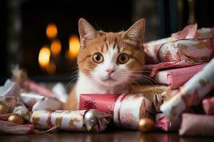 ai gegenereerd Kerstmis chaos kat speels onderbreekt presenteert door de vuur, Kerstmis afbeeldingen foto