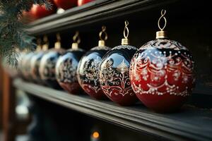 ai gegenereerd benadrukkend traditie door ornament hangen, Kerstmis achtergrond foto