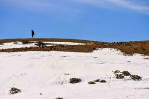 een eenzaam persoon staand Aan top van een sneeuw gedekt heuvel foto