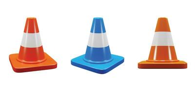 3d verkeer kegels met wit en oranje strepen. teken gebruikt gedurende bouw of ongelukken. 3d renderen Aan wit achtergrond foto