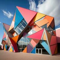 ai gegenereerd geometrisch ontworpen gebouw met scherp hoeken en levendig kleuren, foto