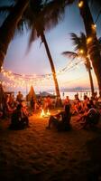 ai gegenereerd een strand partij met palm bomen en licht lamp slingers framing de tafereel foto